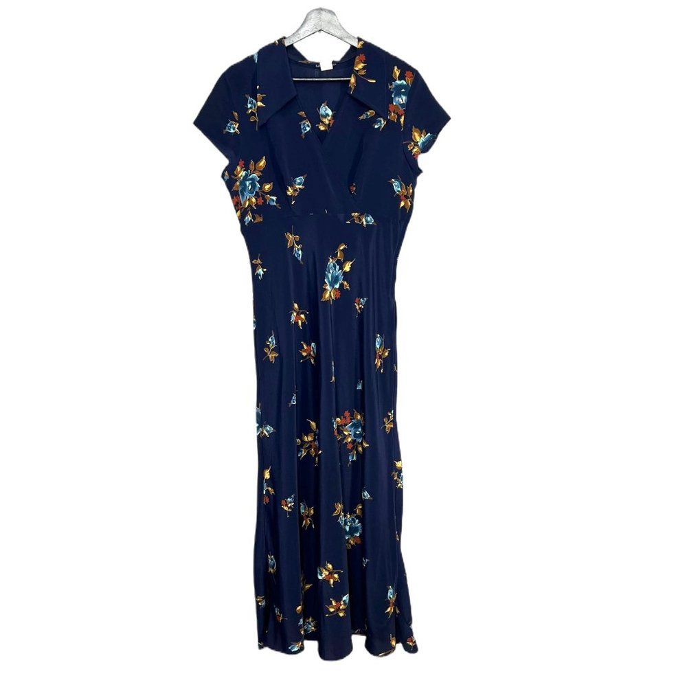 Vintage 90s Navy Blue Multicolor Floral Print Short Sleeve Flowy Full Length Dre